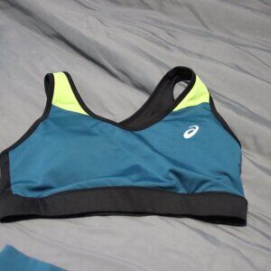 Asics  sports bra and leggings, teal, yellow & black, size XL